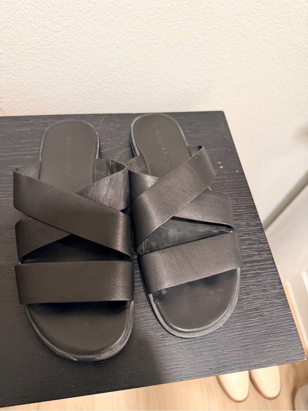 Vince Camuto Black Leather Crisscross Slide Sandals